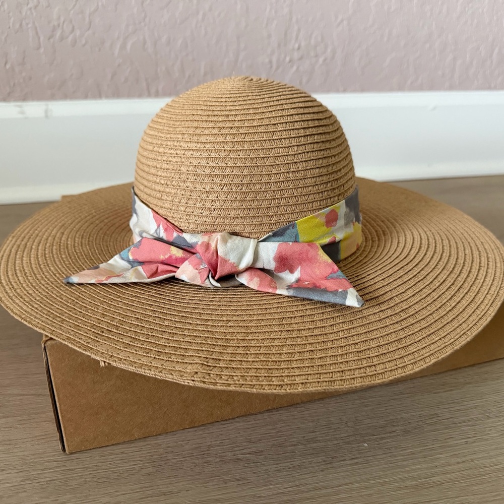 LOFT Tan Straw Sun Hat with Floral Scarf Band